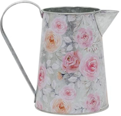 Tin Jug Vase | 17cm Cottage Garden Vintage Floral Metal Pitcher with Aluminium Effect for Dried Artificial Flowers