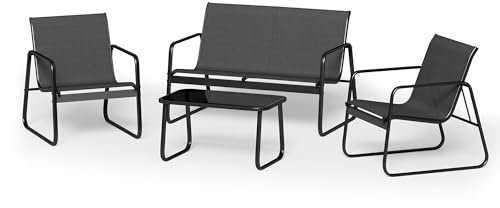 Blishom Conjunto de Jardín Exterior de 4 Piezas,Estructura de Acero,Negro | Muebles de Exterior para Patio con 3 Sillones y Mesa de Cristal,Todas Las Estaciones, Terraza, Jardín, Balcón y Exteriores