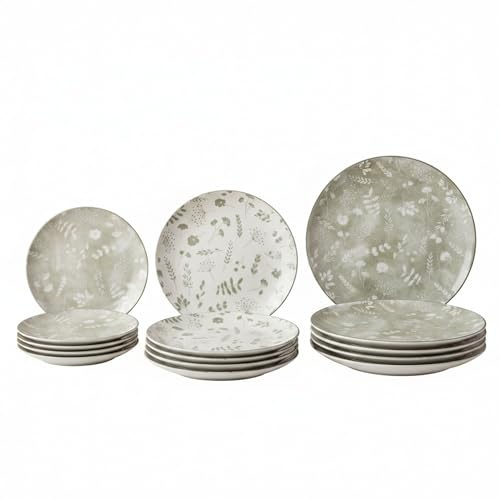 SANTA CLARA | Vajilla Completa 12 Piezas Cerámica Stoneware para 4 Personas, Apta Microondas y Lavavajillas, Vajilla Fiorella Decorada Verde con Motivo Floral para Hogar y Cocina