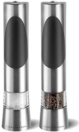 Cole & Mason Richmond Electric Salt and Pepper Mills, Adjustable Grind Mechanism, Chrome/Acrylic, 215 mm, Gift Set, Includes 2 x Electric Grinders