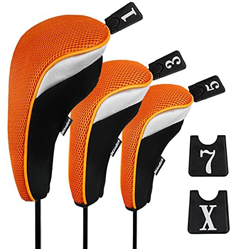 Andux 3pcs/Set Golf Club 460cc Driver Wood Head Covers with Interchangeable No. Tags Black/Orange Short Neck