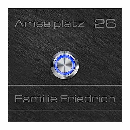 Personalisierte Schiefer Klingel mit Wunschgravur und Motiven - Türklingel Modell Friedrich ab 8x8 cm | Haustürklingel aus Naturschiefer mit LED Klingelknopf