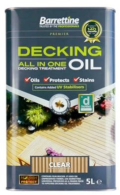 Barrettine Decking Oil (Clear, 5L) - UV & Fade Resistant All-in-One Outdoor Decking Treatment, Water Repellent Deck Oil for Exterior Timber & Structures