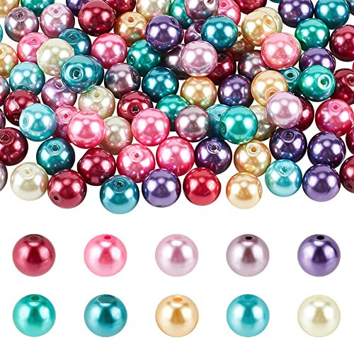 PH PandaHall 100pcs Perles en Verre Perle Rond Nacre Perles Multicolores 10mm Perles Nacrées, Perles Bracelet Perles Nacre Percées pour Bijoux Collier Bracelet, Couleur Melangee, trou: 1.5mm