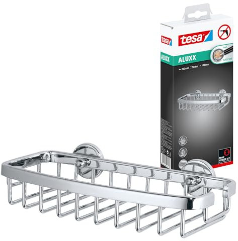 tesa ALUXX Duschablage zum Kleben, Aluminium, verchromt, garantiert rostfrei, inkl. Klebelösung, 105 mm x 220 mm x 52 mm
