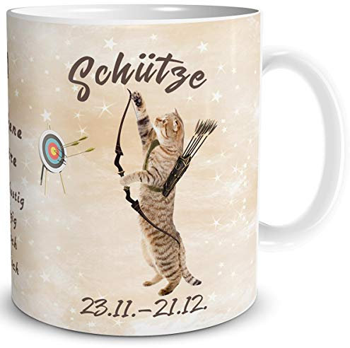 TRIOSK Tasse Katze lustig mit Spruch Sternzeichen Schütze Katzenmotiv Geschenk für Katzenliebhaber Geburtstag Frauen Freundin