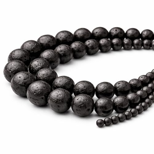 Perlin Lavastein Perlen 8 mm Schwarz Rund Naturstein Lavaperlen Schmuckperlen 46 Stück Strang für Armband Kette Schmuckherstellung DIY Basteln