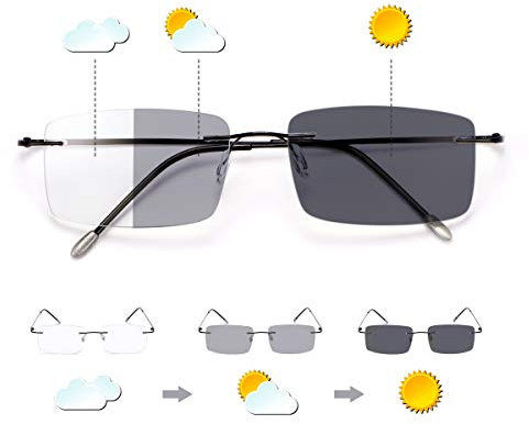 Randlos Lesebrille für Herren Damen Progressive Multifokale Photochrome Sonnenleser Flexibler Sonnenbrille Multifokus-Lesegerät Blaulichtfilter Computer UV Schutz Brille Komfortable Klassisch Gläser
