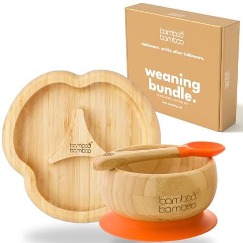 bamboo bamboo Set De Sevrage Assiette Bébé & Bol Bébé, Assiette Et Bol À Ventouse Pour Repas Et Sevrage, Assiette Compartimentée Bambou, Bol Enfant & Cuillère Bébé, Dès 6 Mois (Orange)