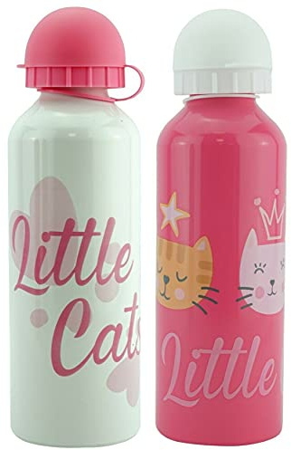 SRV Hub® Pack of 2 Aluminum Water Bottles 500ml, Pink and White with Printed Character Little Cats, BPA Free, Leak Proof Reusable, Sports and School Gift, Best for Kids