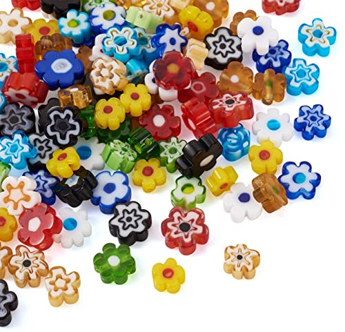 pandahall Lot de 180 perles en verre millefiori faites à la main forme fleur, 9 couleurs, d'espacement pour bracelet, collier, boucles d'oreilles, fabrication bijoux, Bleu,Vert,Noir,Rouge,Blanc