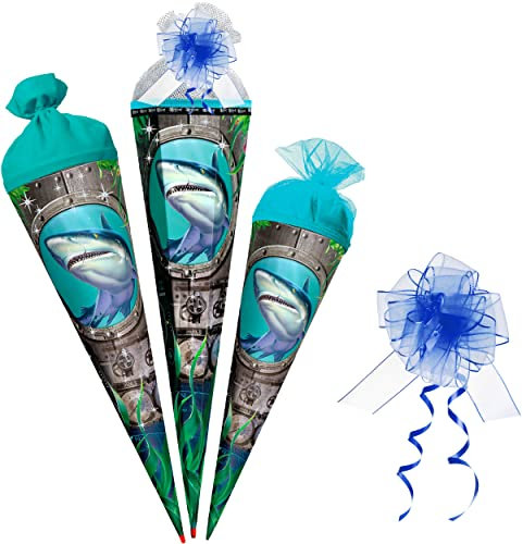 alles-meine.de GmbH Schultüte - Hai Fisch 35-85 cm Größe wählbar Zubehör Spitze - Zuckertüte - Tüllabschluß/Filzabschluß - eckig/rund - Jungen - klein & groß - Gesche..