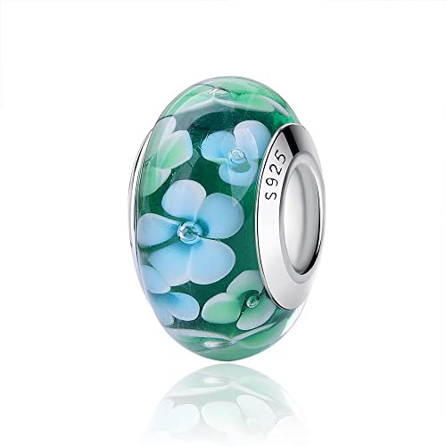 Nbsameng Breloque en Verre de Murano, Charms pour Bracelets et Chaînes pour Femme, Charm en Argent à 925, Breloques Compatibles Pandora, Gnoce et Trollbeads,Fleurs vertes