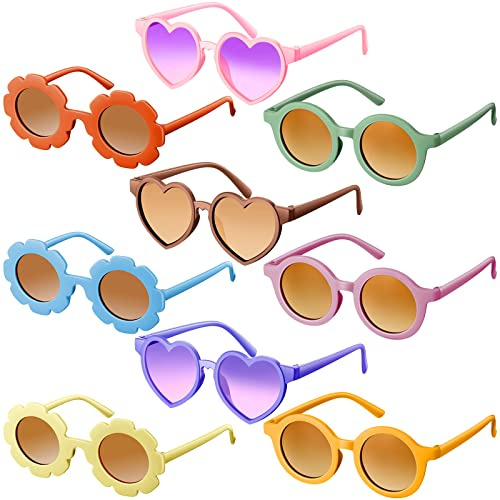Zhengmy 9 Pairs Kids Sunglasses Round Flower Heart Shaped Sunglasses for Toddler Girl Boy Cute Glasses Party(Retro Color)
