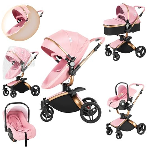Prokoke PU-Leder Kinderwagen 3 in 1, Kinderwagen Set mit Verstellbarem Sitz 360° Drehung, Kombikinderwagen 3 in 1 Einem Klick Faltbar, Buggy Rahmen Aluminiumlegierung Kleinkind Neugeborene (906 Pink)