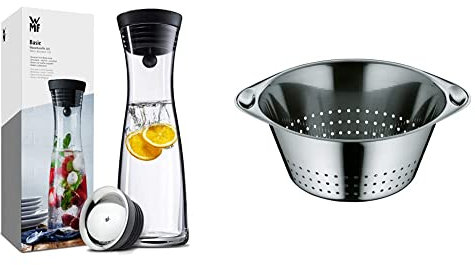 WMF Basic - Botella de agua de cristal, sistema Close Up, Sin accesorios, Negro, 1,0 litros & Gourmet Colador, acero inoxidable pulido