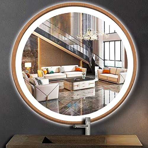 ARUMMA Runder LED-Spiegel aus Holz mit Lichtern, 61 cm, Holzrahmen, runder beleuchteter Spiegel für Badezimmer, Wand, rund, Schminktisch, beleuchtete Spiegel, 3 Farben, dimmbar