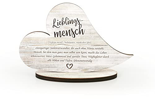 Kreative Feder Dekorativer HERZ-AUFSTELLER „Lieblingsmensch“- Holz-Deko mit Standfuß und Worterklärung wie aus dem Lexikon (Lieblingsmensch)