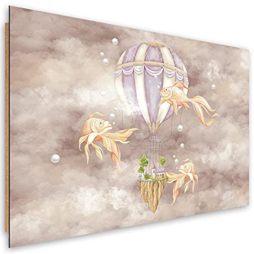 Feeby Bilder 90x60 cm Fisch Himmel für Kinder 1 tlg Babyzimmer Kinderzimmer Modern Wandbilder Dekopanel Deco Panel Kunstdruck Wand Bild Wanddeko Design Wohnzimmer Tiere Luftballon Braun