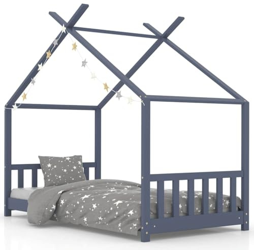 vidaXL Kids Bed Frame, Solid Pine Wood Construction, Treehouse Design, Reading Nook and Play House Features, Grey, Suitable for 80x160 cm Mattress