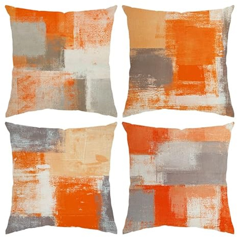 QUALKNOY Set of 4 Velvet Orange Cushion Covers 45x45 cm, Abstract Art Modern Decorative Throw Pillow Cases 18x18 inches for Living Room Sofa Garden Outdoor Courtyard Decor Pillowcases