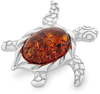 AMBEDORA Broche Femme Tortue de Mer en Argent avec Ambre, Argent Sterling Poli, Ambre Baltique Ovale, Broche avec Fonction Pendentif