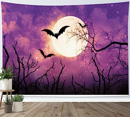 LB Wandteppich Halloween Wandtuch Schwarze Fledermaus und toter Baum Wandbehang Heller Mond am violetten Himmel Tapisserie für Wohnzimmer Schlafzimmer Wohnheim Wanddeko,150x100cm