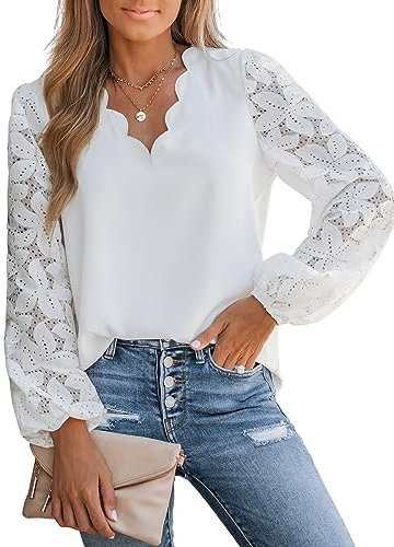 CUPSHE Women Blouse Floral Lace Scalloped Top Long Sleeve V Neck Elegance Shirt White S