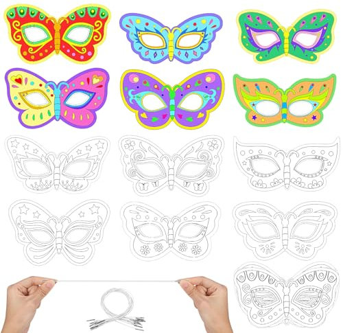 Hifot Tiermasken für Kinder Schmetterling Maske Blanko Bemalen Kinder Masken zum Bemalen Tiermasken zum Ausmalen Insekt für Kinderparty Spiele Bastelset Kindergeburtstag Basteln (12 Stücke)