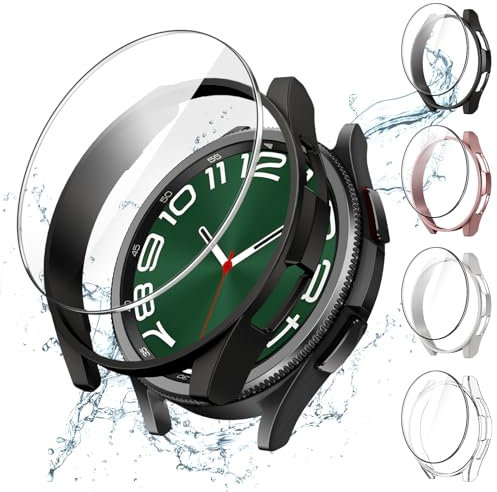 JETech 4+4 Stück Hülle und Schutzfolie für Samsung Galaxy Watch 6 Classic 47mm, Gehärtetes Glas Displayschutz Schützende Harte PC Stoßstange Schutzhülle (Schwarz/Klar/Silber/Roségold)