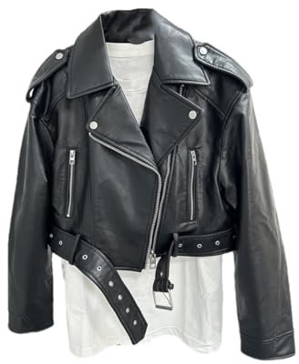 Graysty Damen Gewaschene Lederjacke Mit Gürtel Kurzmantel Mit Abgestuftem Reißverschluss Und Vintage Revers Jacke, Schwarz, XS