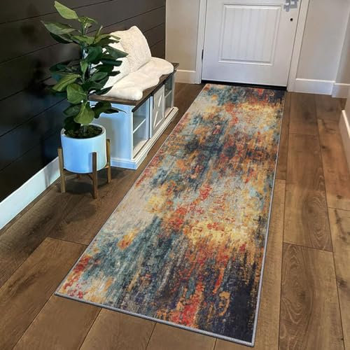 Siunwdiy Bunt Teppich Läufer Flur Küche rutschfest waschbar Teppichläufer Lang Korridor Tepiche 50x140cm Abstrakter Orange gelb Küchenteppich Meterware Bodenmatte Esszimmer Schlafzimmer Wohnzimmer