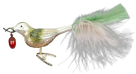 Christbaumschmuck Vogel mit Federn auf Clip 10,5cm - Glas Figur für den Weihnachtsbaum - mundgeblasen & handbemalt - Weihnachtsbaumschmuck Glasvogel - Dekovogel auf Klammer Hellgrün