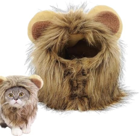 Samuliy Haustier-Löwenmähne-Perücke, Katzenhut-Löwenmähne,Löwenmähnen-Perücke, Haustier-Kostüme, Hut | Verwandeln Sie Ihre Katze in EIN Starkes, hautfreundliches Löwen-Outfit für Katzen-Cosplay,