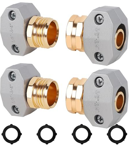 Triumpeek 2 Sets Garden Hose Repair Kit, Aluminum Male and Female Coupling Menders with Zinc Clamps, Hose End Connectors with 4 Extra Rubber Washer for 3/4 and 5/8 Garden Hose Fittings