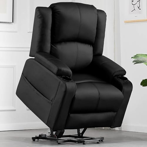 COMHOMA Fauteuil Électrique Relax Massage et Relaxation Aide à Debout Dossier Réglable Pédales Rétractables Avec 2 Porte-gobelets Beige Pour Personnes Âgées Noir