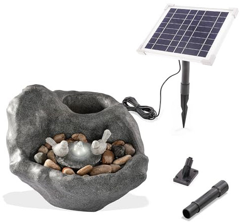 esotec Solar Vogelbadbrunnen mit Akku + LED outdoor, Gartenliebhaber-Geschenk, Stein Vogelpaar, Springbrunnen außen, Gartenbrunnen Wasserspiel, Katzenbrunnen Zierbrunnen, dunkelgrau H=17cm 101320