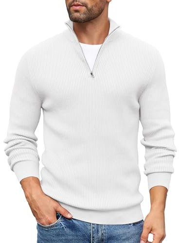 COOFANDY Sweater Men Quarter Zip Jumper 1/4 Zip Turtleneck Sweater Long Sleeve Warm Winter Jumper Polo Neck Jumpers Mock Neck Pullover White S