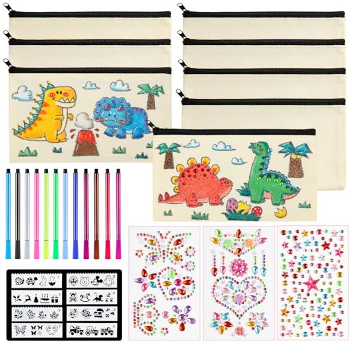 8 Stück DIY Blanko Stoff Federmäppchen mit 12 Farbigen Stiften,3 Diamant Aufkleber, 8 Zeichenvorlagen,Mehrfarbige DIY Blanko Stoffbeutel zum Bemalen Kosmetiktasche Dokumententasche 21 x 12 cm