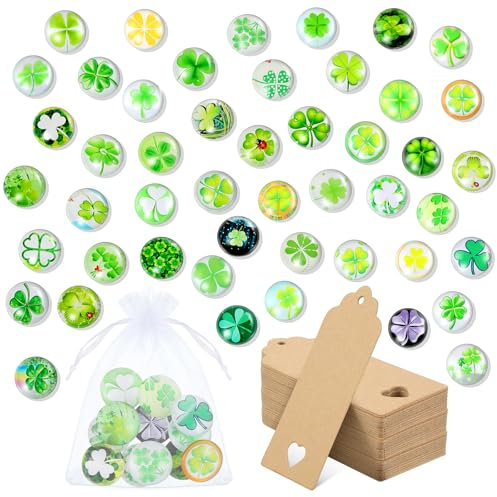 BBTO 48er Set Vierblättriges Kleeblatt Glassteine Sets 25 mm Durchmesser Bunte Glücksklee Glassteine Gemischte Farbe Glückssteine Glücksbringer mit Organzasäckchen und Geschenkanhänger