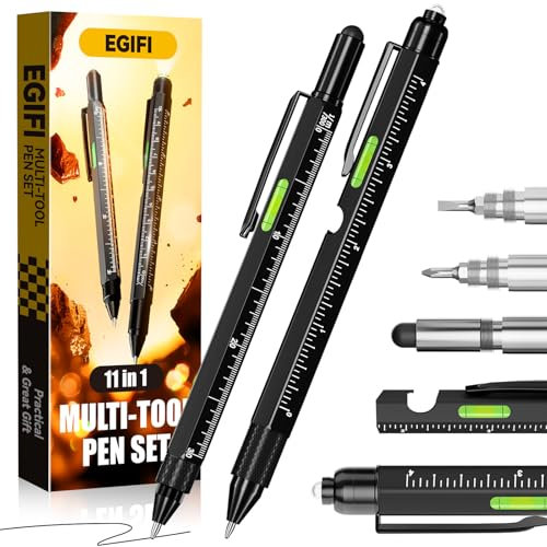 Gifts for Him, Dad, Husband, 11 in 1 Multitool Pen with LED Light, Ruler, Level, Screwdriver, Stylus, Flathead,Cool Birthday Gadgets for Men Who Have Everything, Black