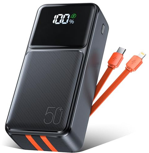 50000mAh Batería Externa Power Bank: 22,5 W Carga rápida Cargador portátil con Cable Integrado, Batería portátil USB C 5 Output con Pantalla LED Powerbank para Smartphones Tableta (Negro Naranja)