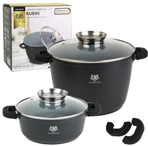 KARL HAUSAMNN Set de Casseroles Induction Noir - 2 Mange - 4.4 + 10 L - Batterie de Cuisine Fonte d'Aluminium - Marmite Couvercle en Verre - Casserole Tous Feux - Revêtement Antiadhésif