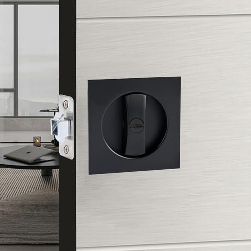 Hoconnie Cerradura para Puerta de Bolsillo Sin llave Manilla de Privacidad para Puertas de Bolsillo Cerradura Invisible para Puerta Corredera 66mm (Cuadrado, Negro)