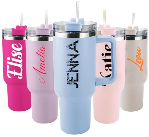 EKAM Personalised Tumbler with Handle and Straw, Customized 40oz/1135ml Insulated Stainless Steel Travel Coffee Cup with Name, Customise with Any Name, Gift for Any Occasion