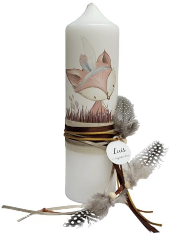CreaDesign, Taufkerze Junge personalisiert mit Name Indianer Fuchs, Taufkerze Mädchen weiß, braun, Höhe 25 cm Durchmesser 7 cm