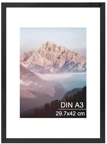 OMISHE Massivholz Bilderrahmen A3 29,7x42 cm, Schwarzer Bilderrahmen DIN A3 mit A4 Passepartout und Plastikhülle, Holz A3 Rahmen für Wand, Schwarz, 1 Pack