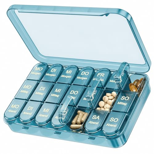 Daviky Tablettenbox 7 Tage 3 Fächer, Leicht öffnbare Medikamentenbox | Morgens Mittags Abends,Auffälliges Etikett,Große Kapazität,Auslaufsicher,Fest schließender Deckel,Modernes Design, Abnehmbar