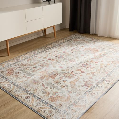 benuta Basic Waschbarer Teppich George - Multicolor/Beige 160x230 cm - Kunstfaser - Rechteckig & im Style: Vintage, Elegant, Retro - Pflegeleicht für Wohnzimmer Schlafzimmer