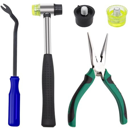 Sunxeke 5PCS Upholstery Tools Kit,Dual Head Mallet Hammer(Soft Rubber) with 2PCS Replacement Head,U Tip Tack Puller and Removal Pliers for Furniture Floor Photo Frame